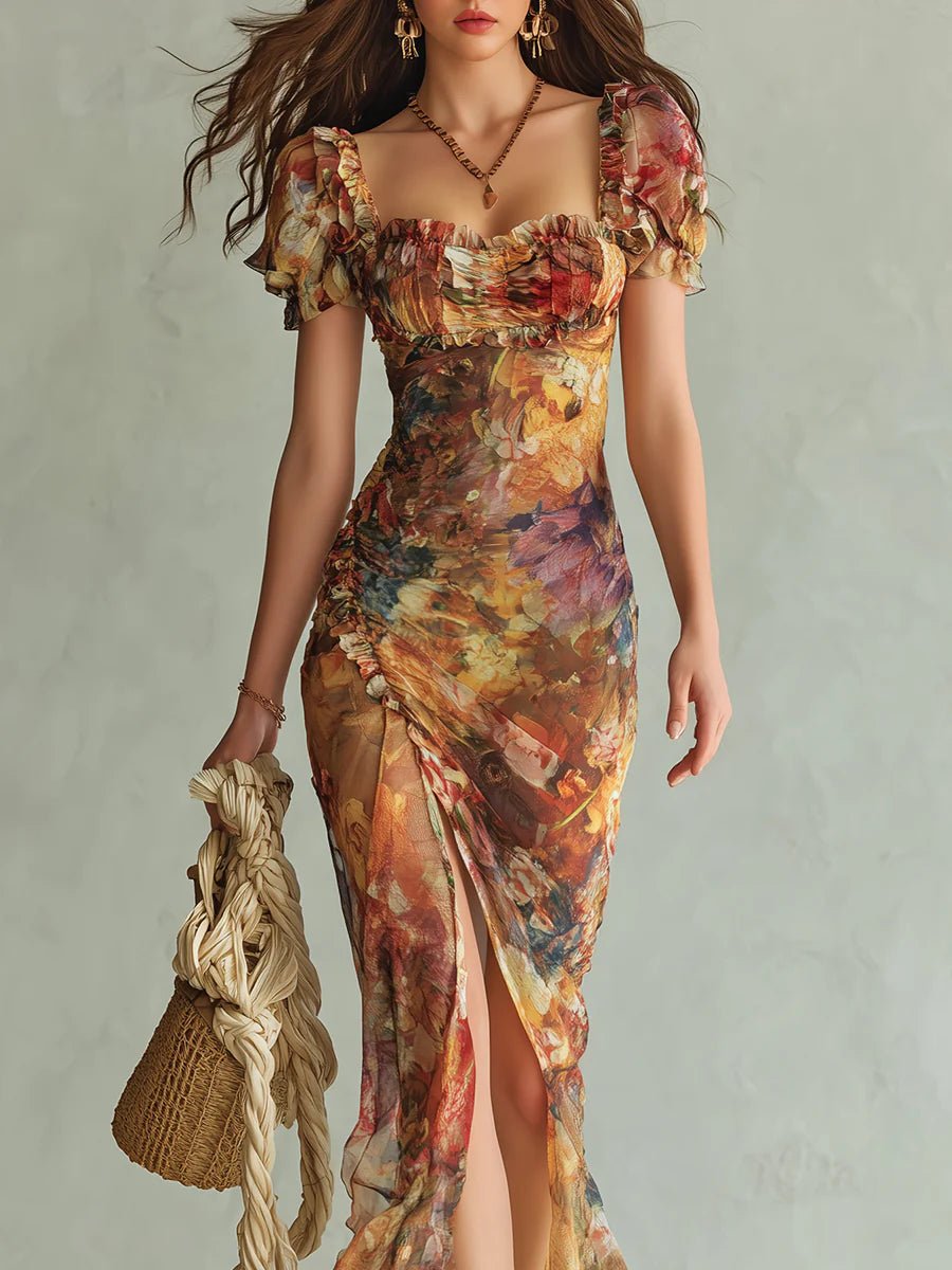 Sweetheart Neck Floral Chiffon Maxi Dress with Ruffles for Women