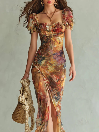 Sweetheart Neck Floral Chiffon Maxi Dress with Ruffles for Women