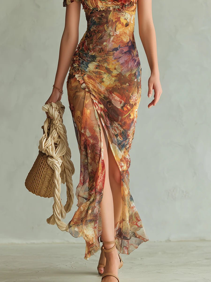Sweetheart Neck Floral Chiffon Maxi Dress with Ruffles for Women