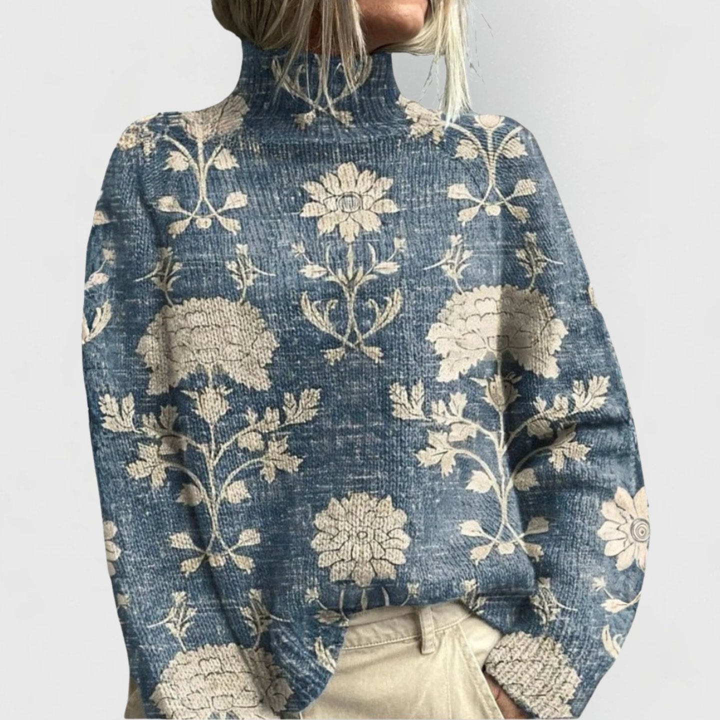Floral High-Neck Loose-Fit Knitted Pullover for Women