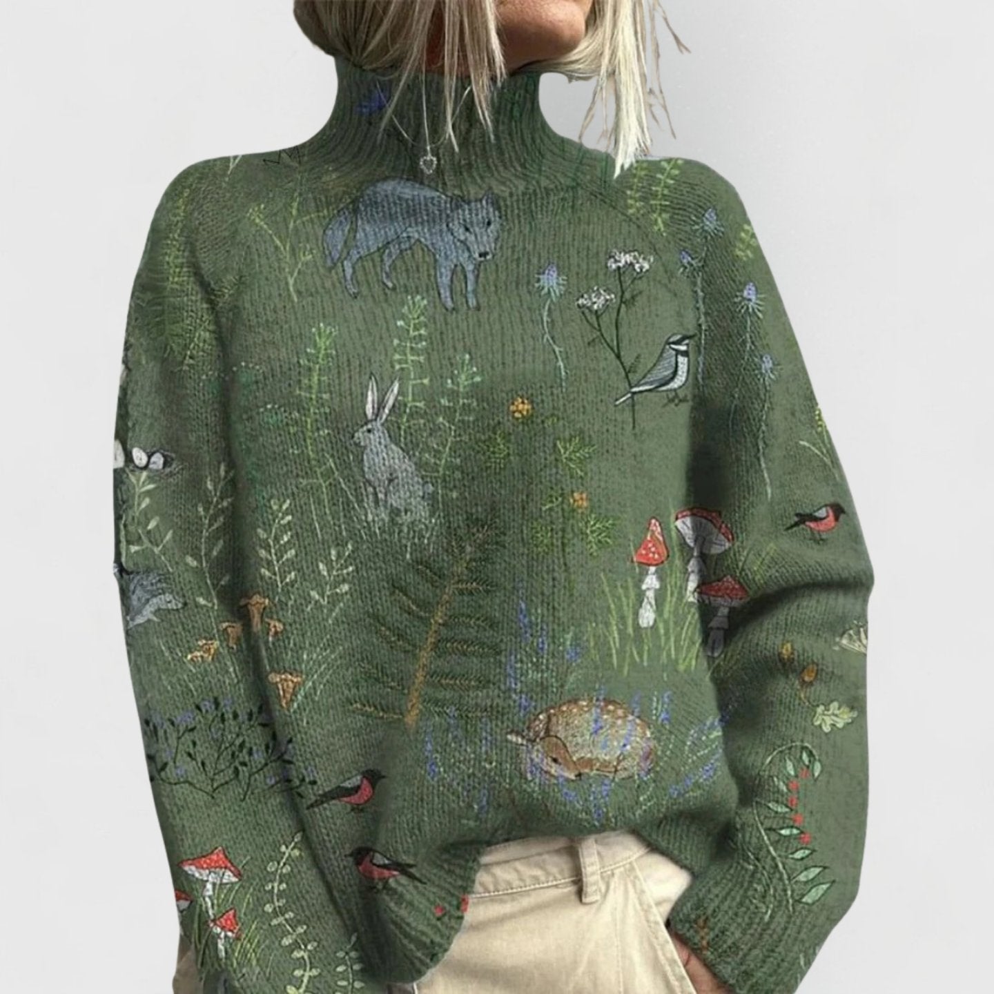 Floral High-Neck Loose-Fit Knitted Pullover for Women