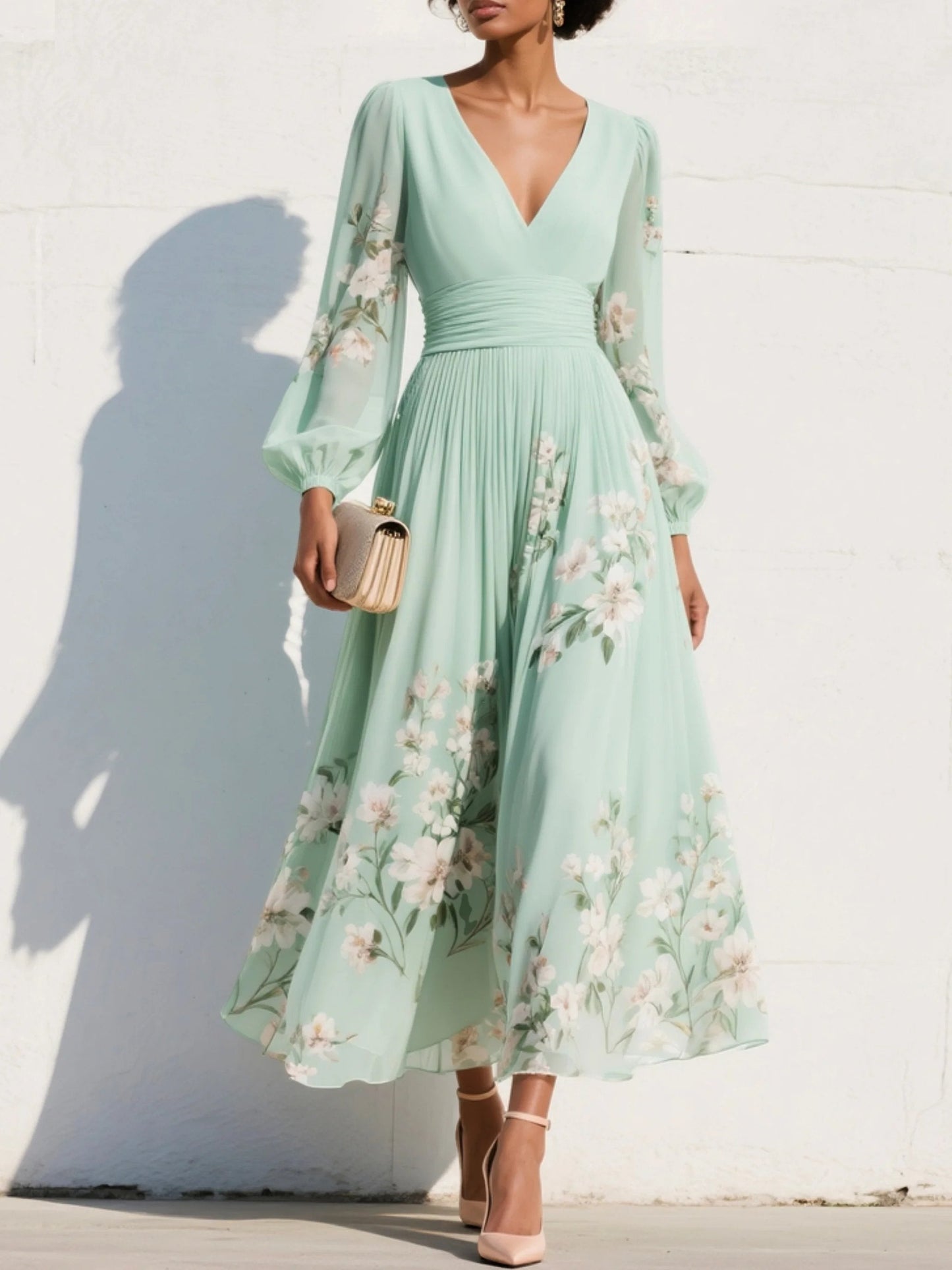 Women's Balloon Sleeve Pleated V-Neck Floral Midi Dress
