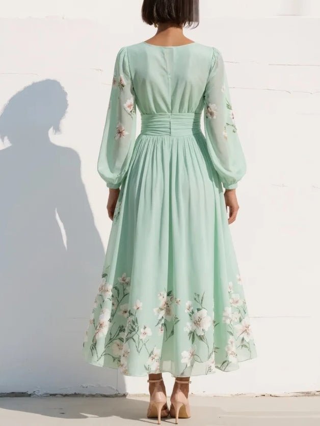 Women's Balloon Sleeve Pleated V-Neck Floral Midi Dress