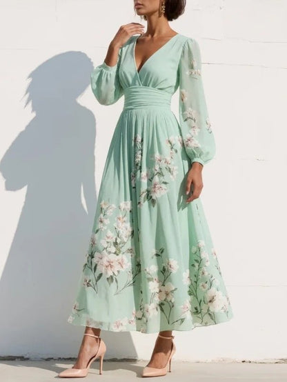 Women's Balloon Sleeve Pleated V-Neck Floral Midi Dress