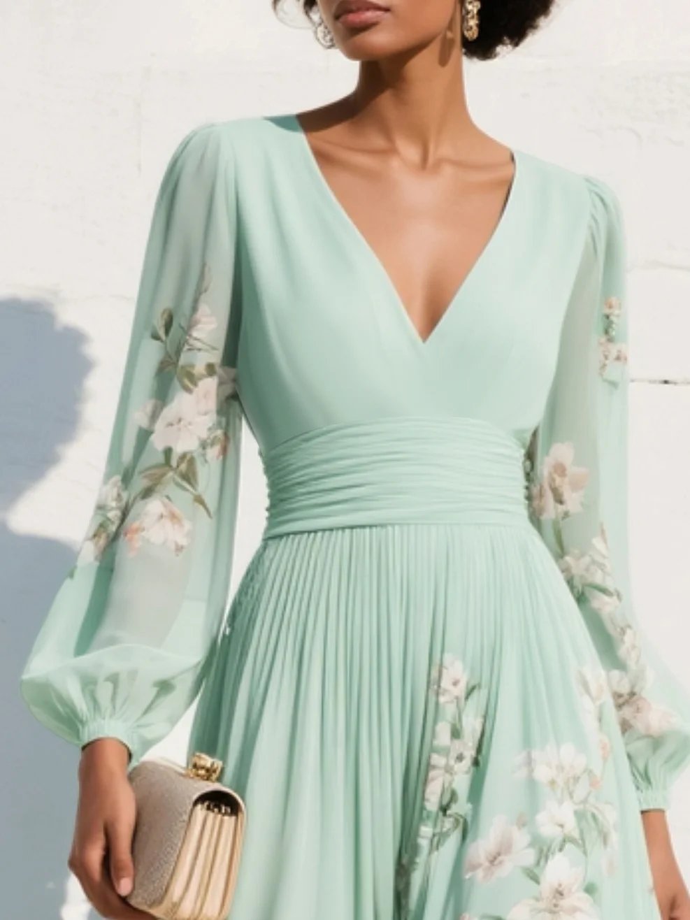 Women's Balloon Sleeve Pleated V-Neck Floral Midi Dress