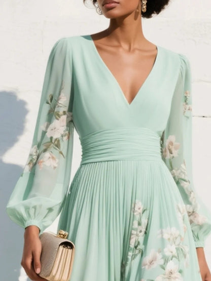 Women's Balloon Sleeve Pleated V-Neck Floral Midi Dress