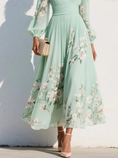 Women's Balloon Sleeve Pleated V-Neck Floral Midi Dress