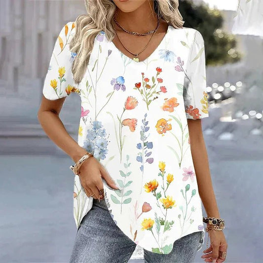 Women's Loose Short Sleeve Floral V-Neck Blouse