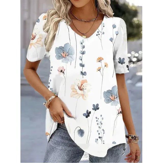Women's Loose Short Sleeve Floral V-Neck Blouse