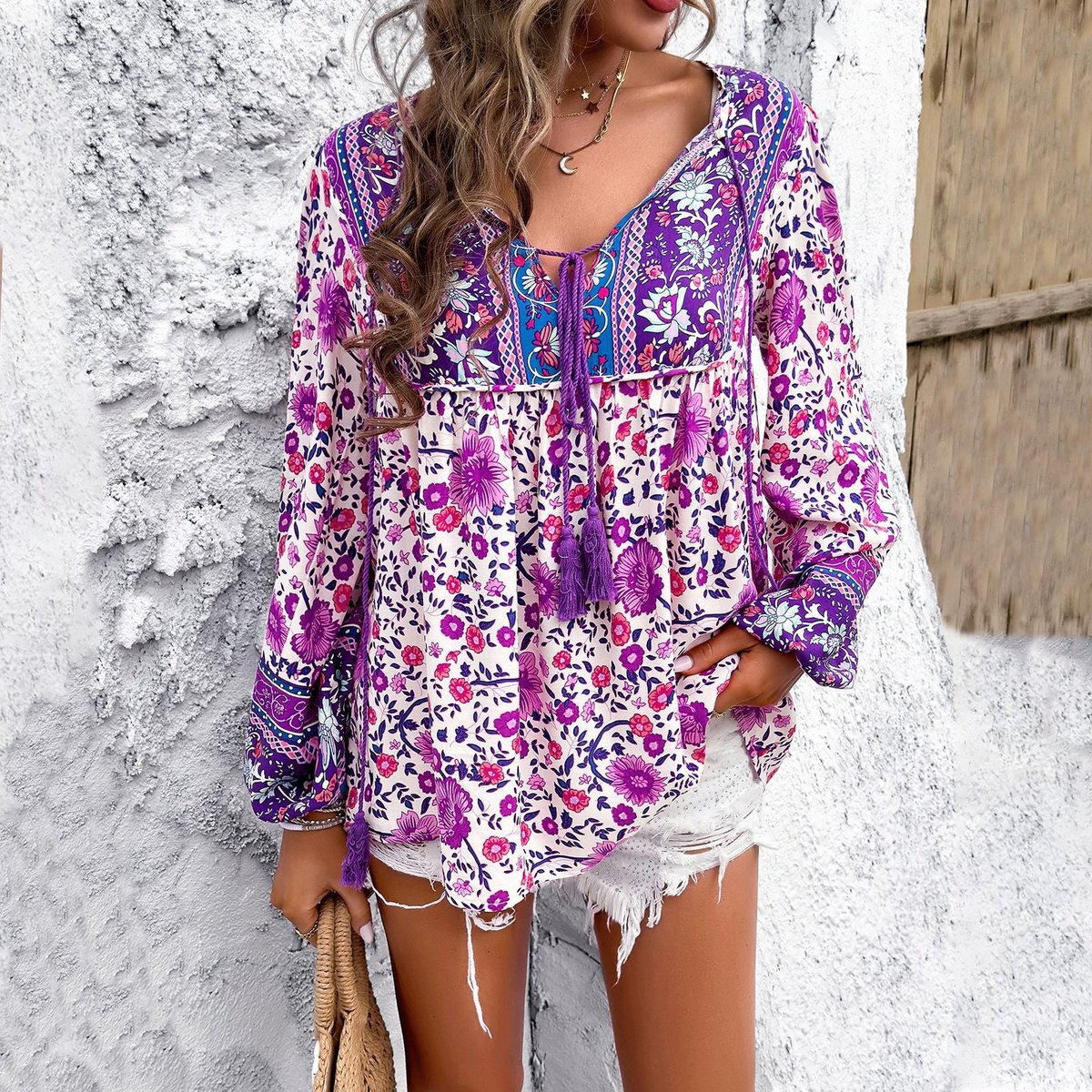 Women's Tassel Drawstring Floral V-Neck Relaxed Tunic