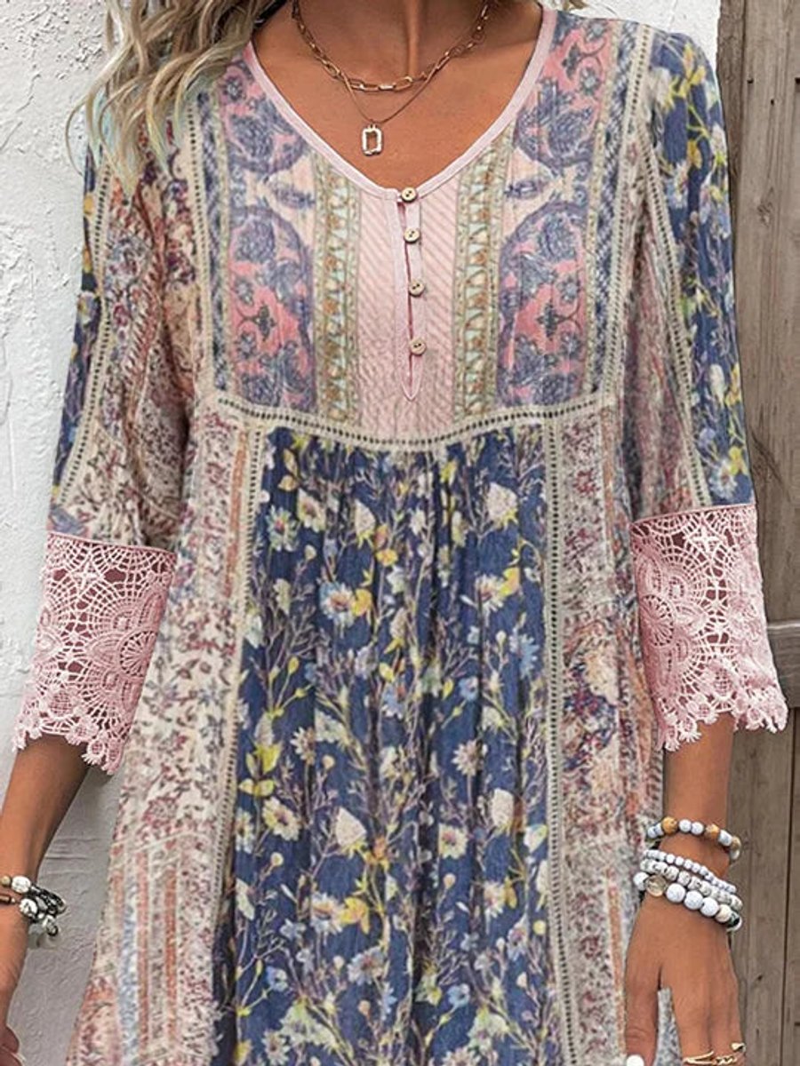 Women's Boho Floral Print Lace-Sleeve Tunic Dress