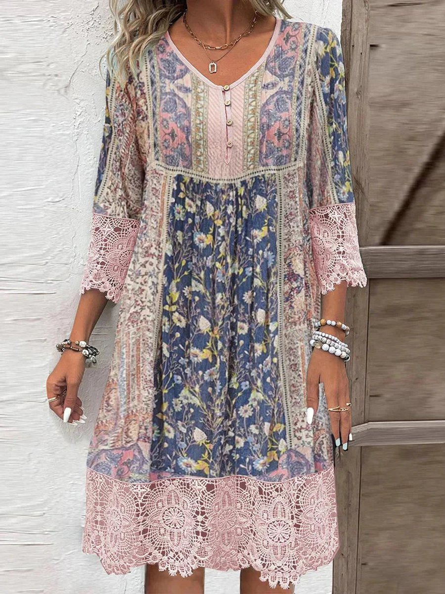 Women's Boho Floral Print Lace-Sleeve Tunic Dress