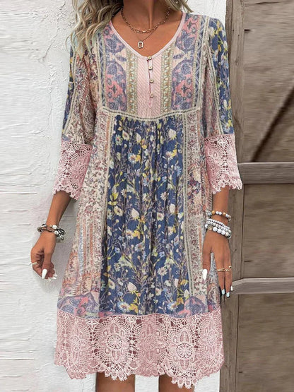 Women's Boho Floral Print Lace-Sleeve Tunic Dress