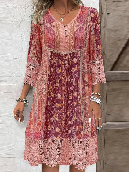 Women's Boho Floral Print Lace-Sleeve Tunic Dress