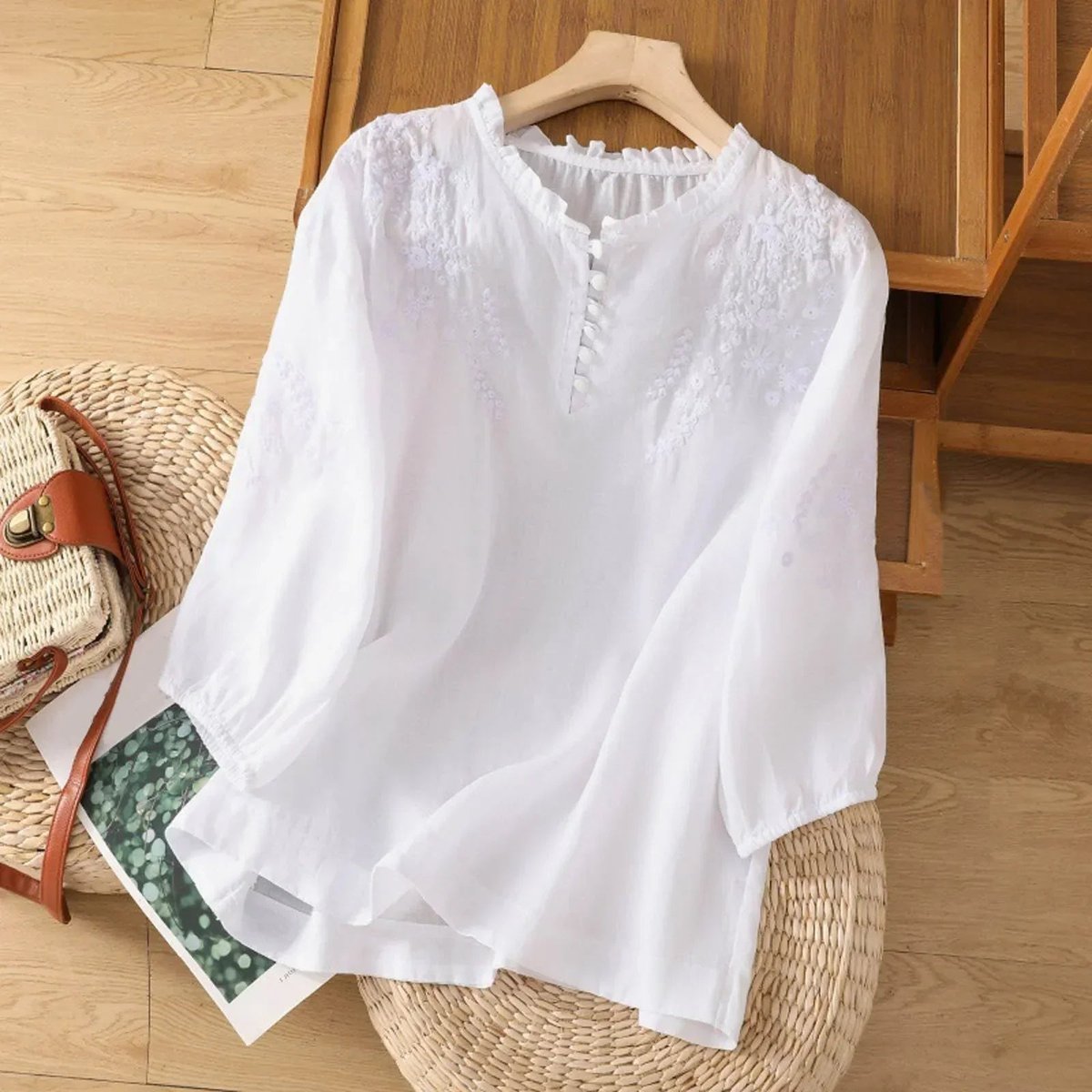 Women's Linen Boho Embroidered Ruffle-Neck Blouse