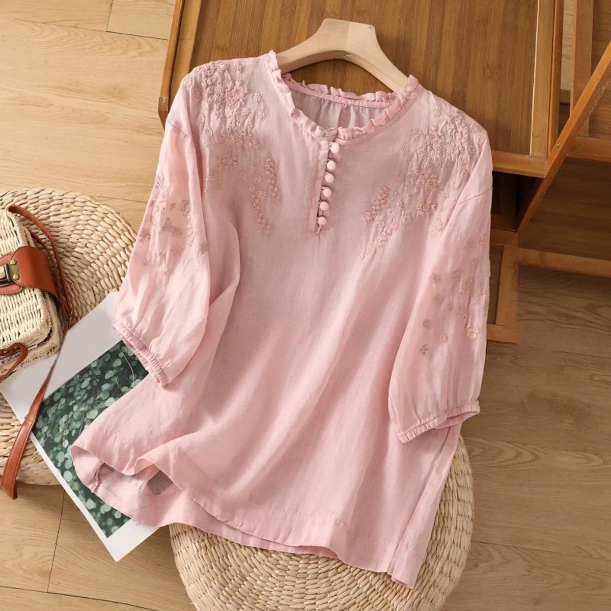 Women's Linen Boho Embroidered Ruffle-Neck Blouse