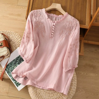 Women's Linen Boho Embroidered Ruffle-Neck Blouse