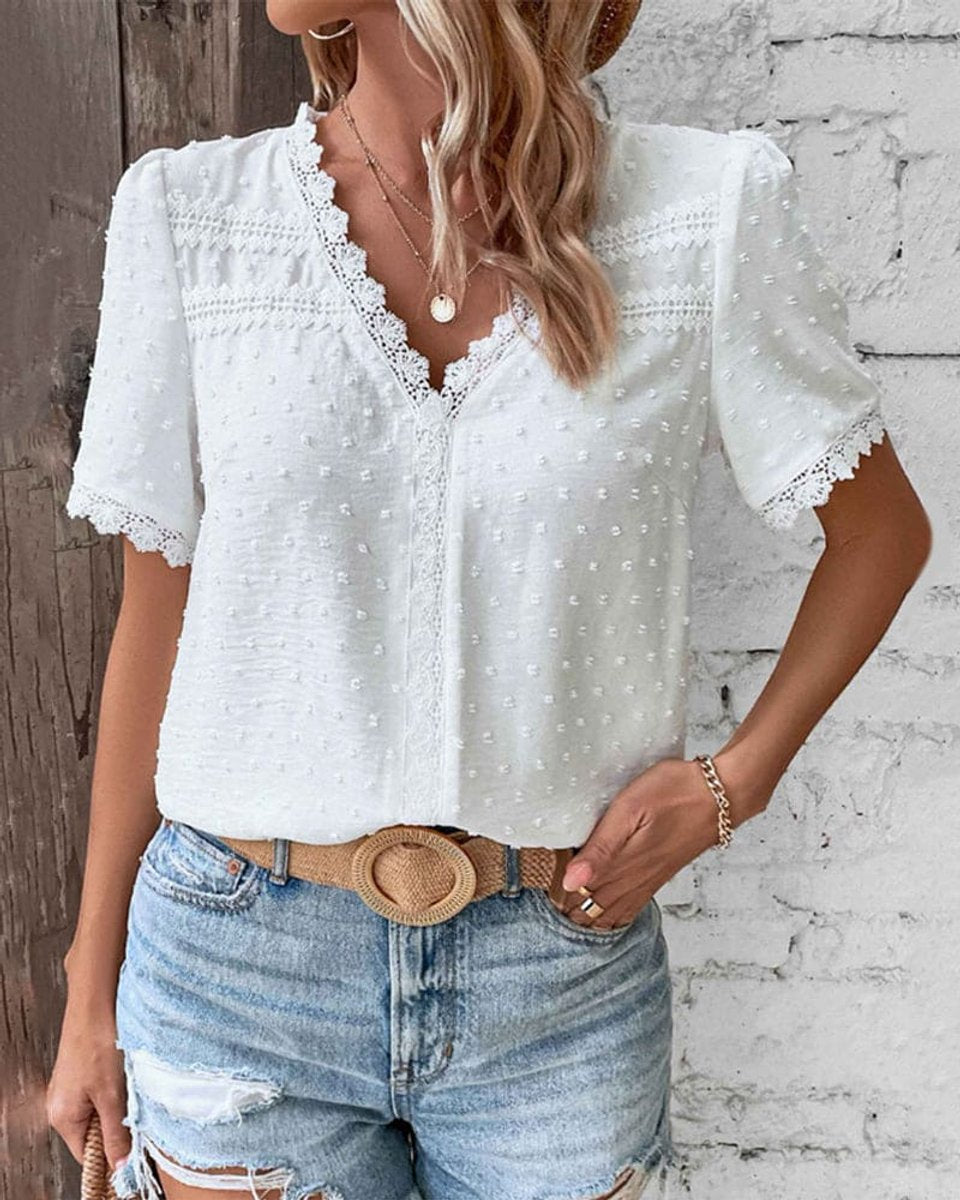 Women's Swiss Dot Boho Lace V-Neck Shirt