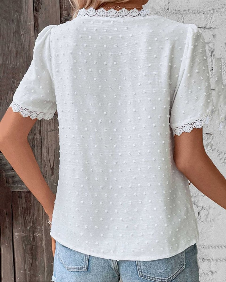 Women's Swiss Dot Boho Lace V-Neck Shirt
