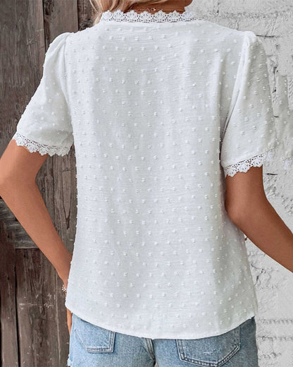 Women's Swiss Dot Boho Lace V-Neck Shirt