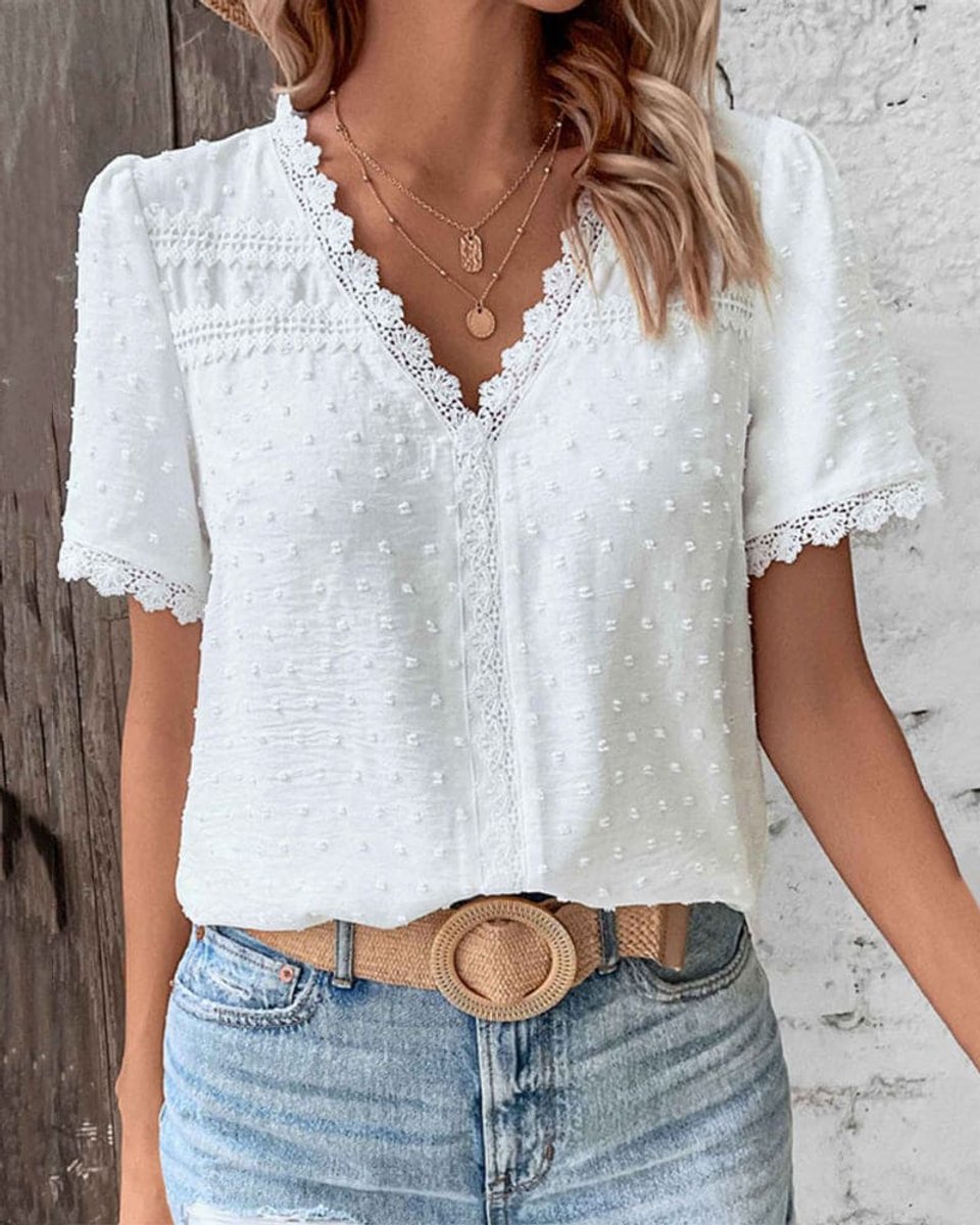 Women's Swiss Dot Boho Lace V-Neck Shirt
