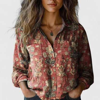 Women's Bohemian Button-Front Floral Long Sleeve Shirt