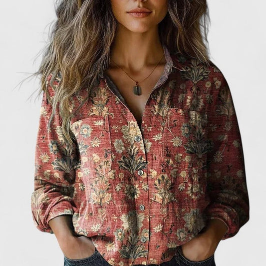 Women's Bohemian Button-Front Floral Long Sleeve Shirt