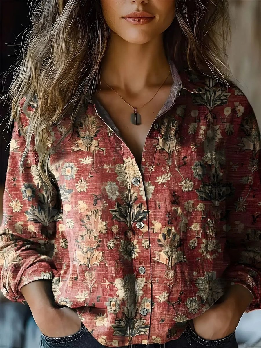 Women's Bohemian Button-Front Floral Long Sleeve Shirt