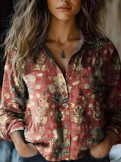 Women's Bohemian Button-Front Floral Long Sleeve Shirt