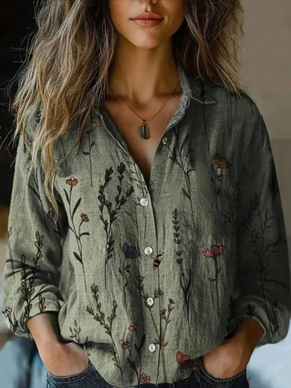Women's Bohemian Button-Front Floral Long Sleeve Shirt