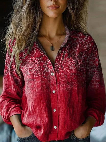 Women's Bohemian Button-Front Floral Long Sleeve Shirt