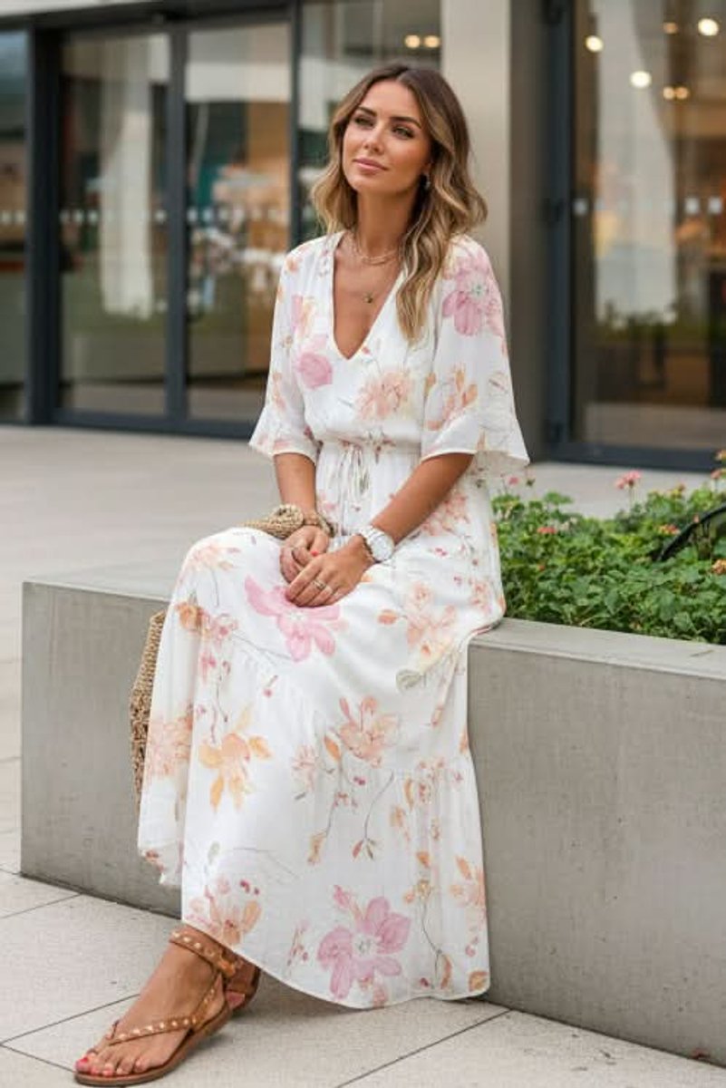Women's Bohemian Floral V-Neck Maxi Evening Dress with Adjustable Waist