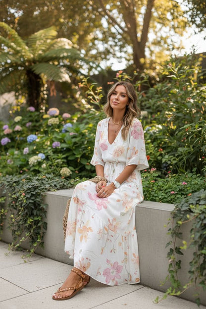 Women's Bohemian Floral V-Neck Maxi Evening Dress with Adjustable Waist