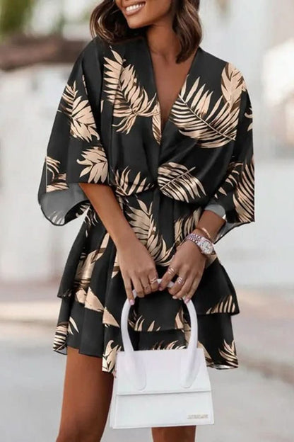 Women's Tropical Print V-Neck Bohemian Mini Cocktail Dress