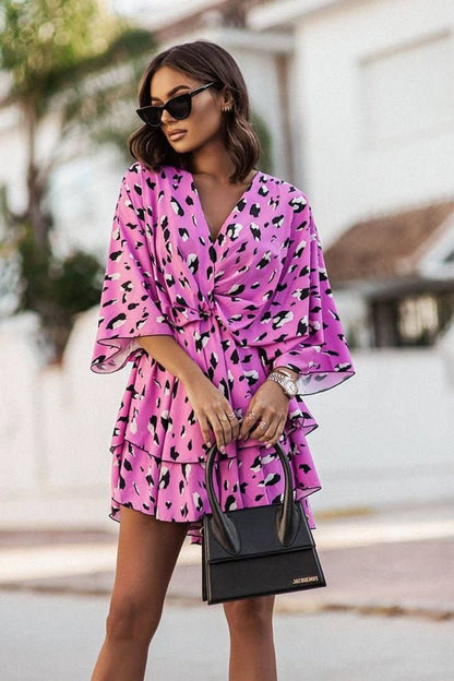 Women's Tropical Print V-Neck Bohemian Mini Cocktail Dress