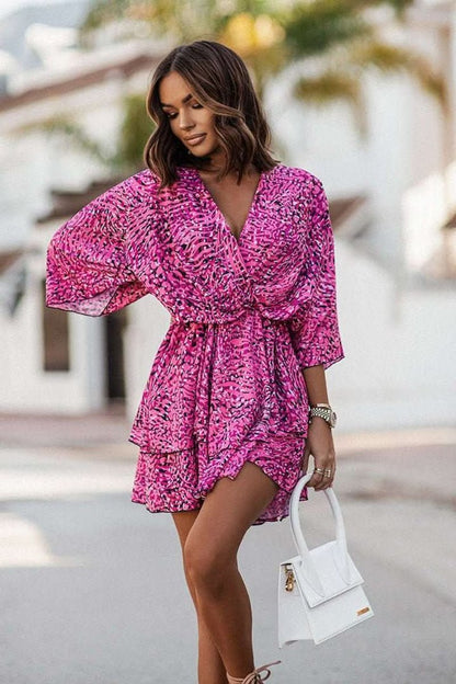 Women's Tropical Print V-Neck Bohemian Mini Cocktail Dress