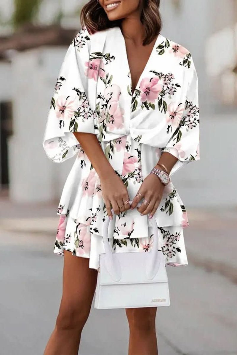 Women's Tropical Print V-Neck Bohemian Mini Cocktail Dress