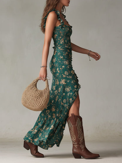 Women's Bohemian Sleeveless Floral Maxi Dress with Side Slit