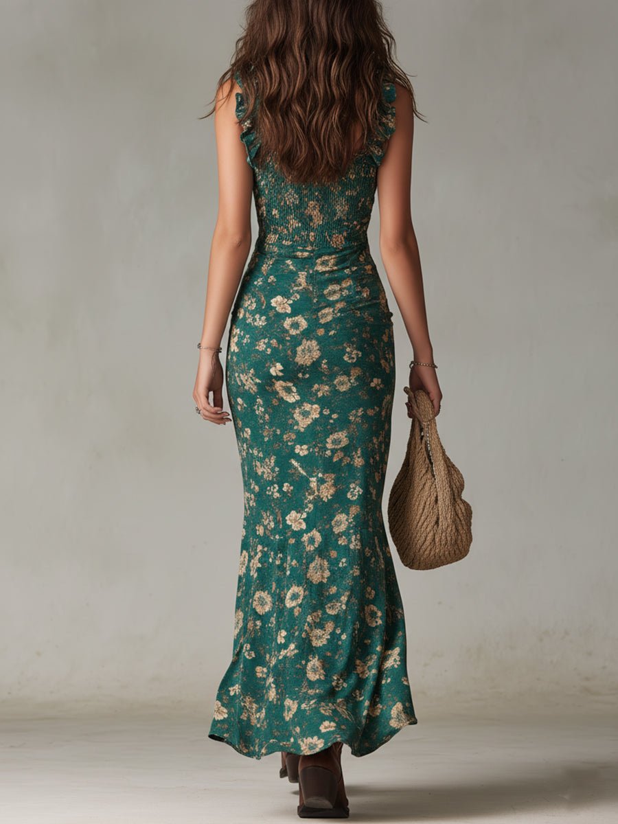 Women's Bohemian Sleeveless Floral Maxi Dress with Side Slit