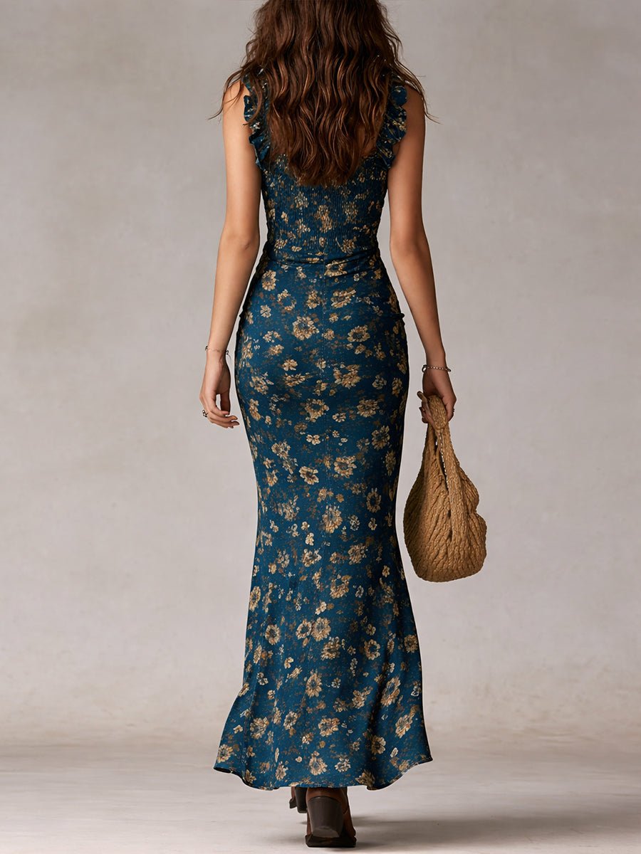 Women's Bohemian Sleeveless Floral Maxi Dress with Side Slit