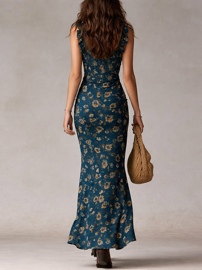 Women's Bohemian Sleeveless Floral Maxi Dress with Side Slit