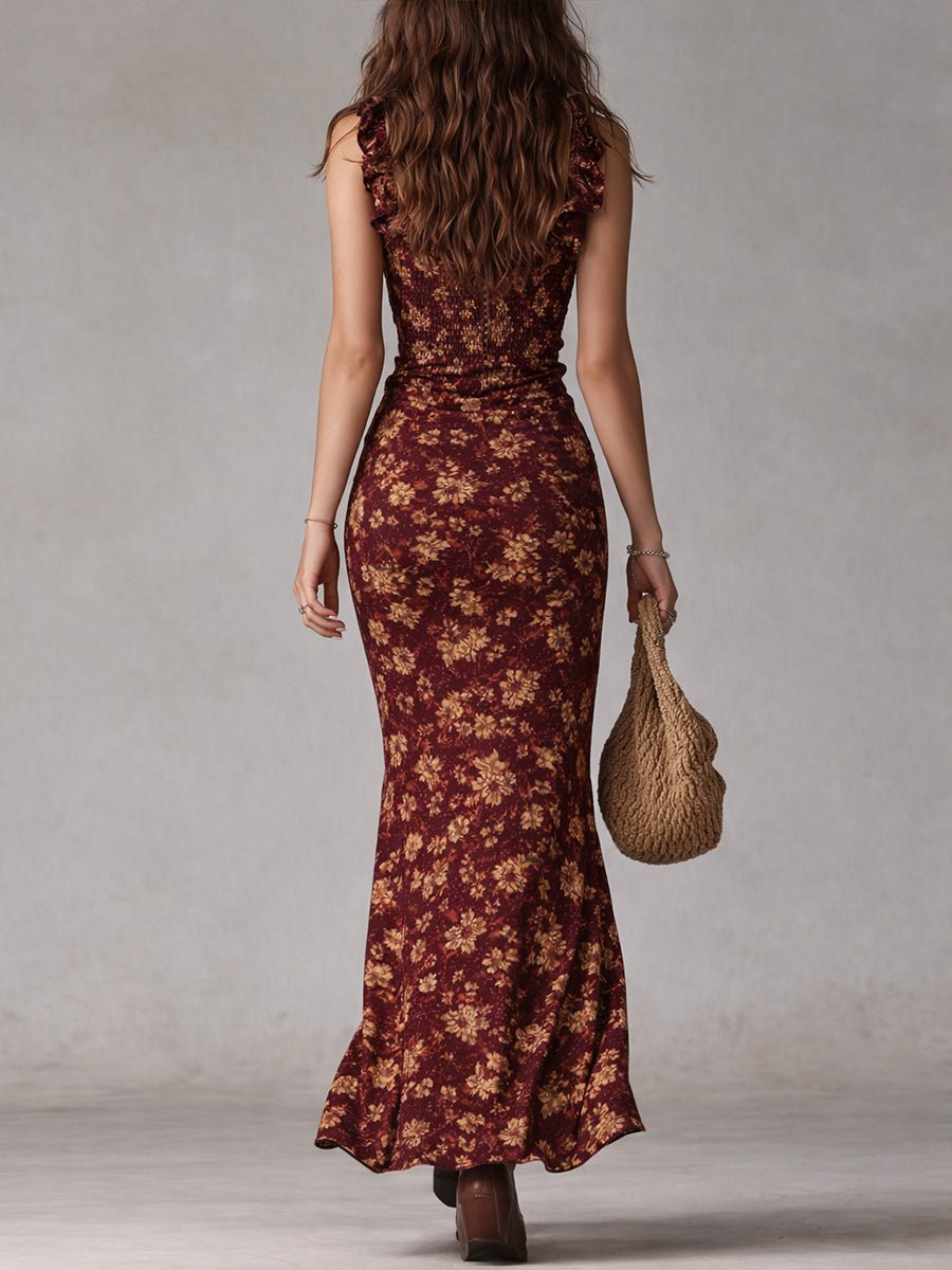 Women's Bohemian Sleeveless Floral Maxi Dress with Side Slit
