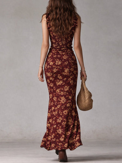 Women's Bohemian Sleeveless Floral Maxi Dress with Side Slit