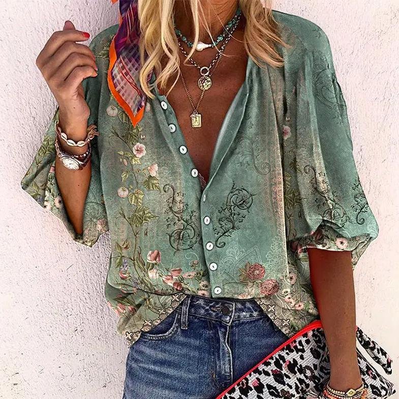 Women's Long-Sleeve Floral Bohemian Top with V-Neck