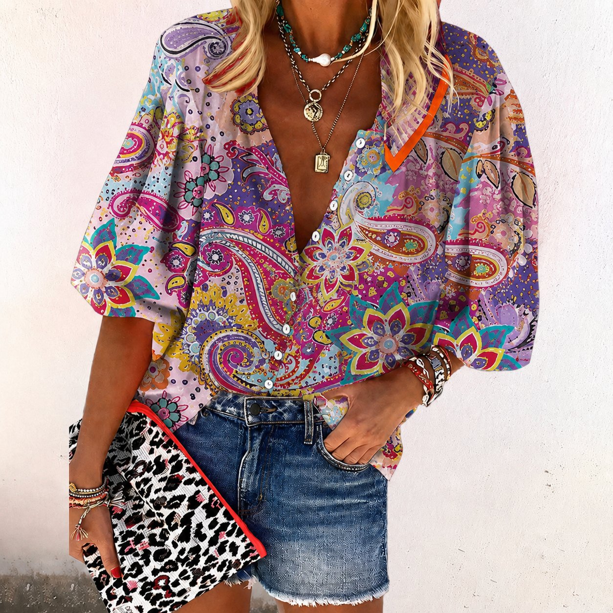 Women's Long-Sleeve Floral Bohemian Top with V-Neck