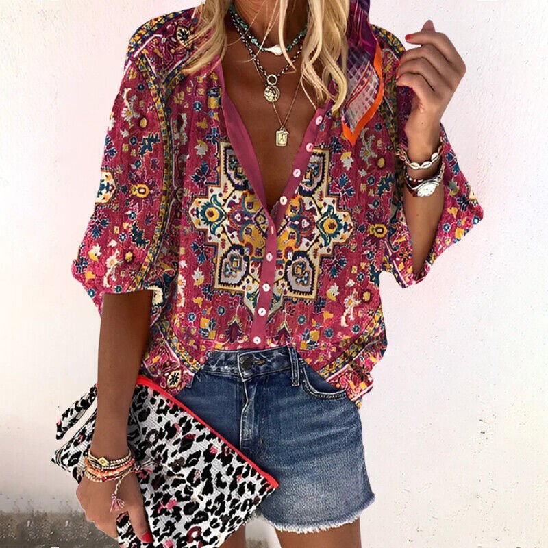 Women's Long-Sleeve Floral Bohemian Top with V-Neck