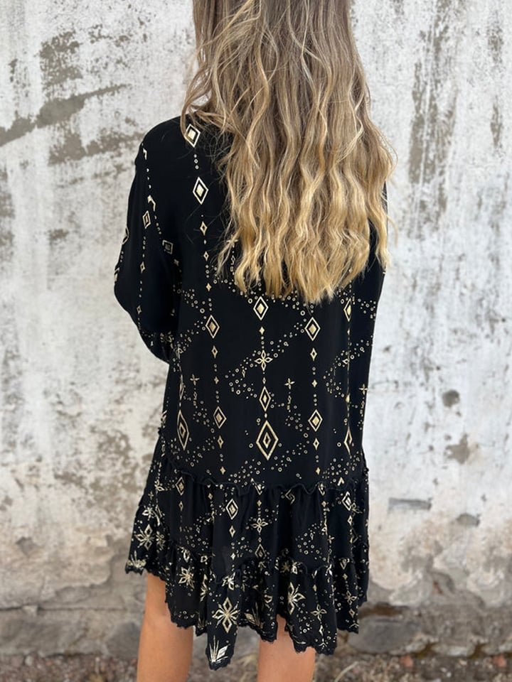 Women's Bohemian Tiered Dress with Wide Sleeves and Gold Accents