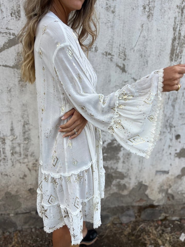 Women's Bohemian Tiered Dress with Wide Sleeves and Gold Accents