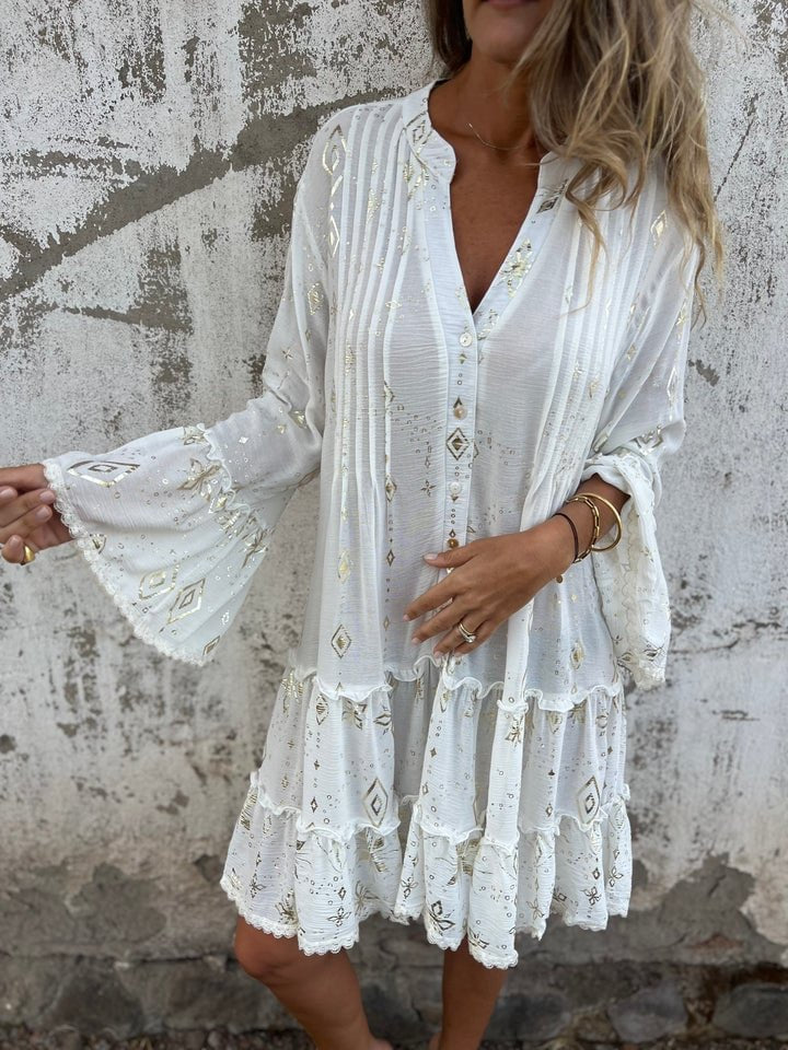 Women's Bohemian Tiered Dress with Wide Sleeves and Gold Accents