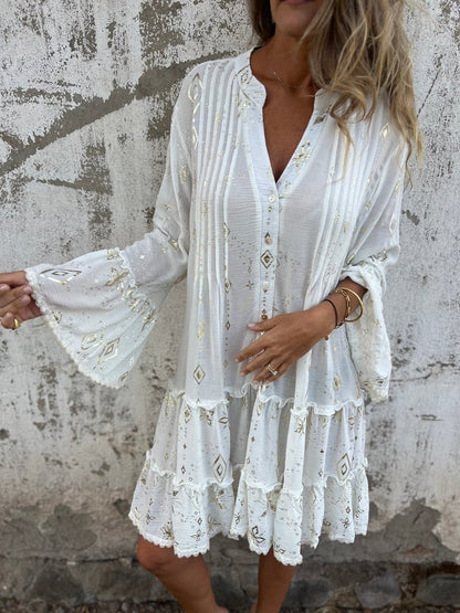 Women's Bohemian Tiered Dress with Wide Sleeves and Gold Accents
